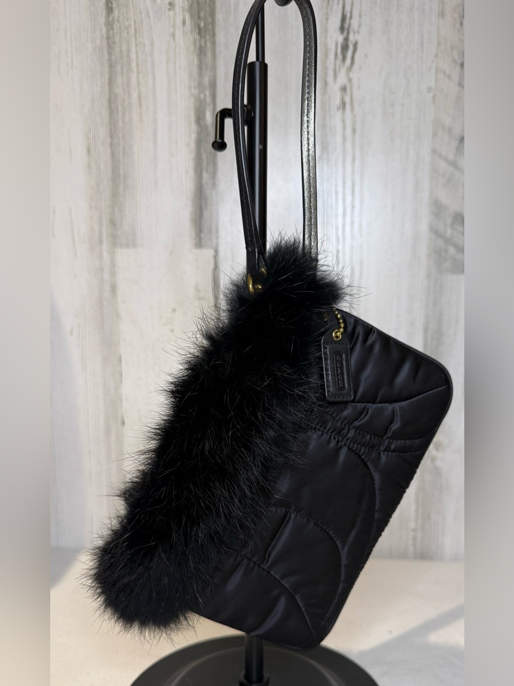 Coach Ski Bunny Black Quilted Wristlet with Rabbit Fur Trim